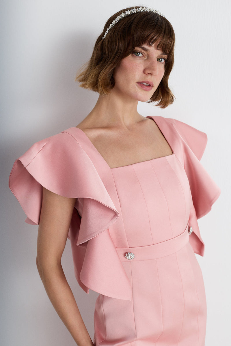Nean Ruffle-Sleeve Midi Dress Blush