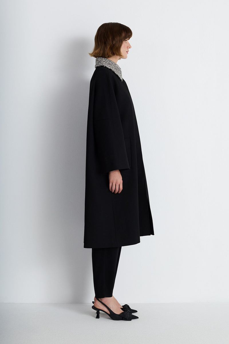 Nean Embellished Collar A-Line Coat Black
