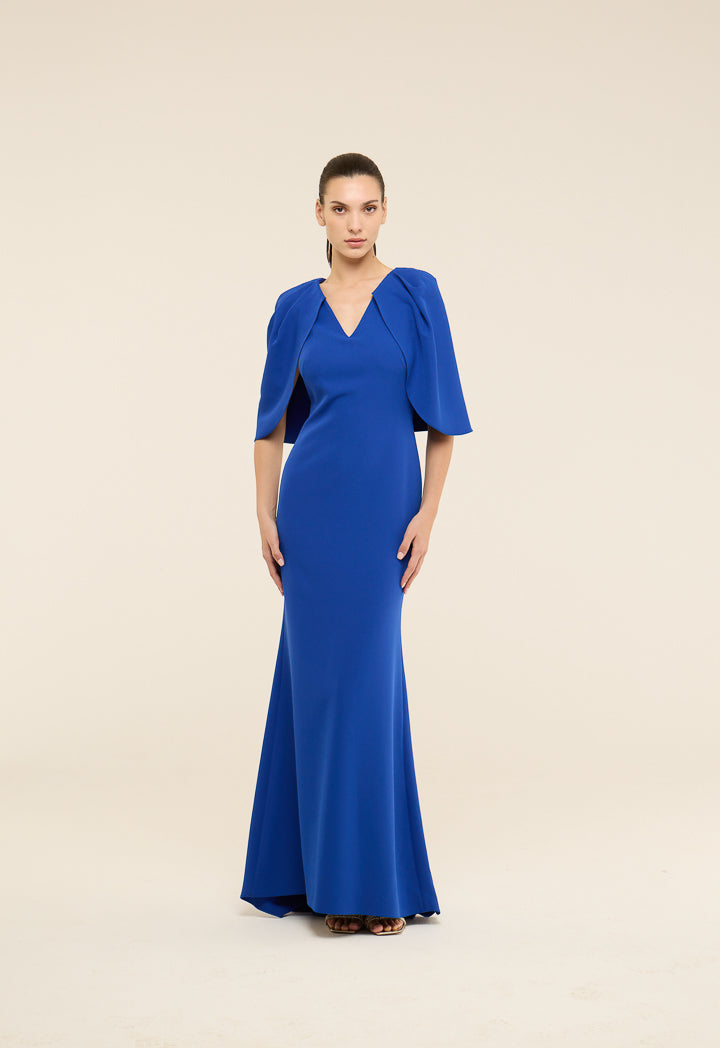 Riva High-Low Cape Gown Dress Cobalt