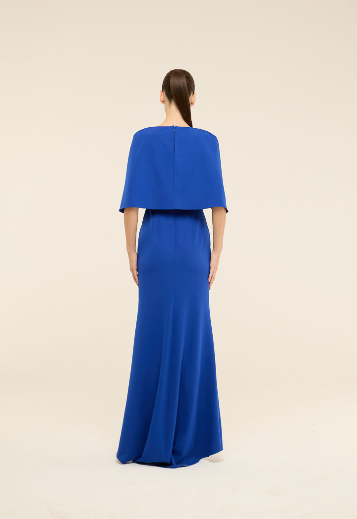 Riva High-Low Cape Gown Dress Cobalt