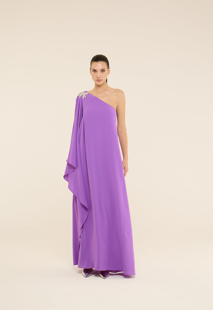 Riva One Shoulder Bow Embellished Gown Dress Purple