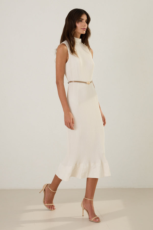 Setre Sleeveless Ruffle Hem Pleated Dress Cream