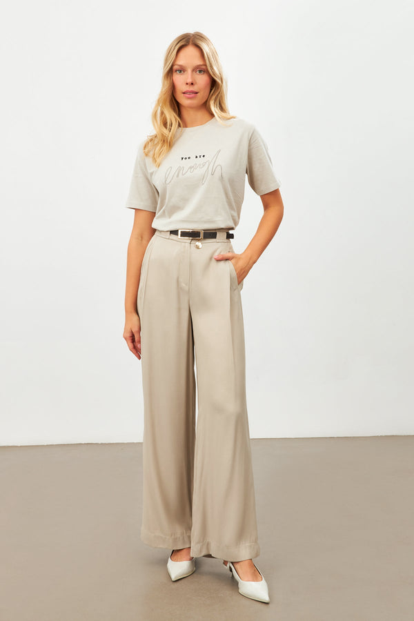 Setre Shiny Fabric Pleat Detailed Loose Cut Trousers Dark Beige