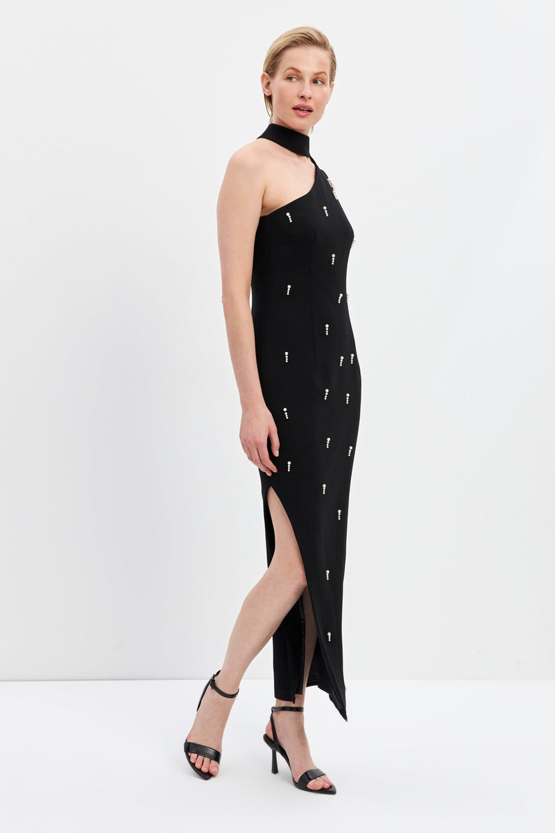 Setre Pearl And Neck Detail Slit Midi Dress Black
