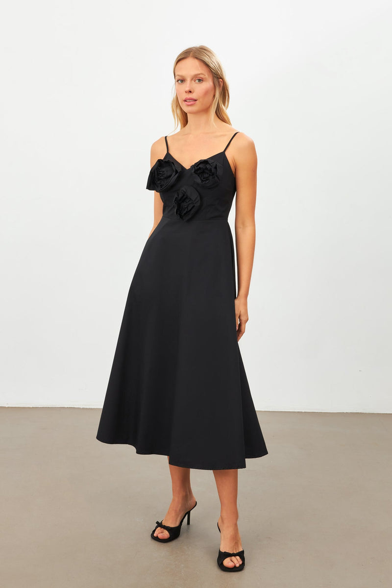 Setre Flower-Embroidered Midi Dress Black