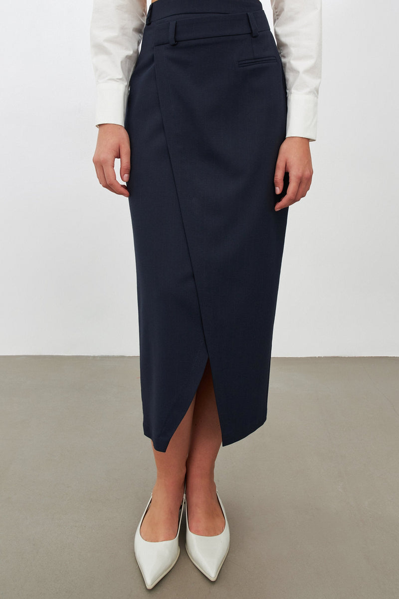 Setre Asymmetric Detail Midi Skirt Navy