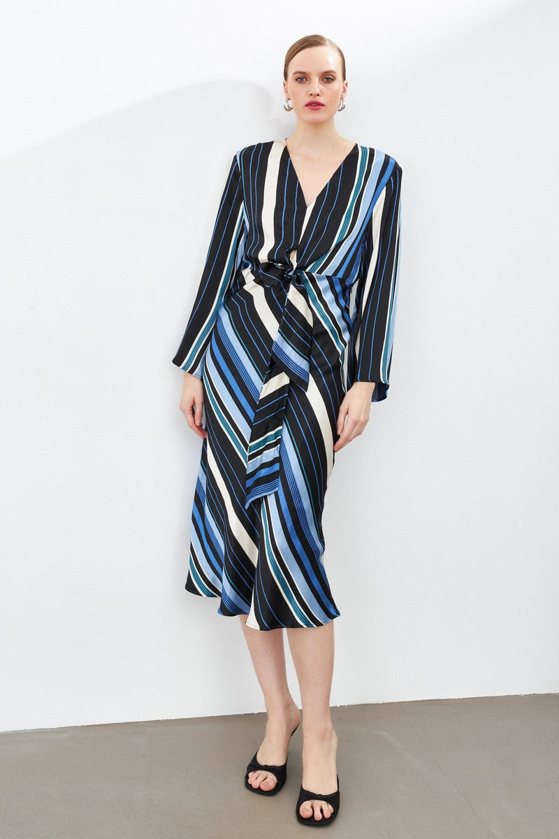 Setre Patterned V-Neck Midi Dress Sax