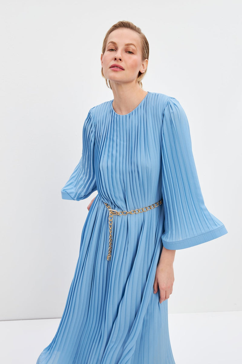 Setre Pleat Detailed Belted Dress Baby Blue