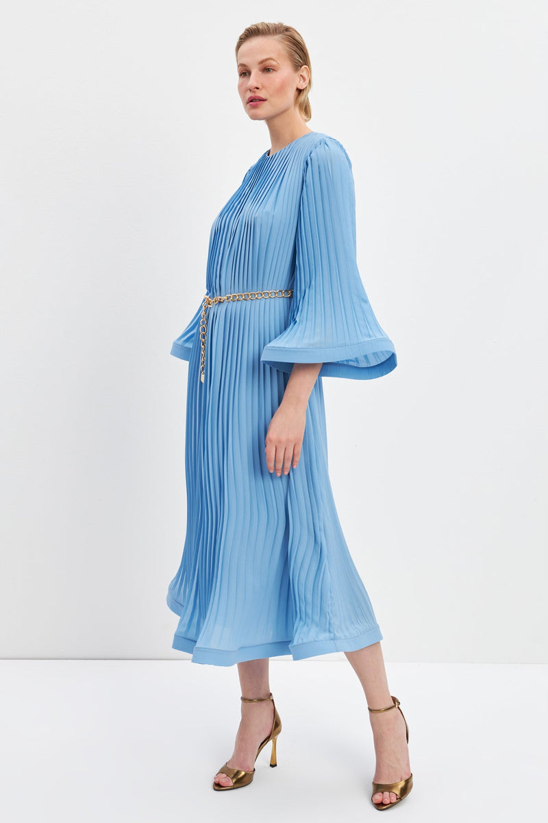 Setre Pleat Detailed Belted Dress Baby Blue