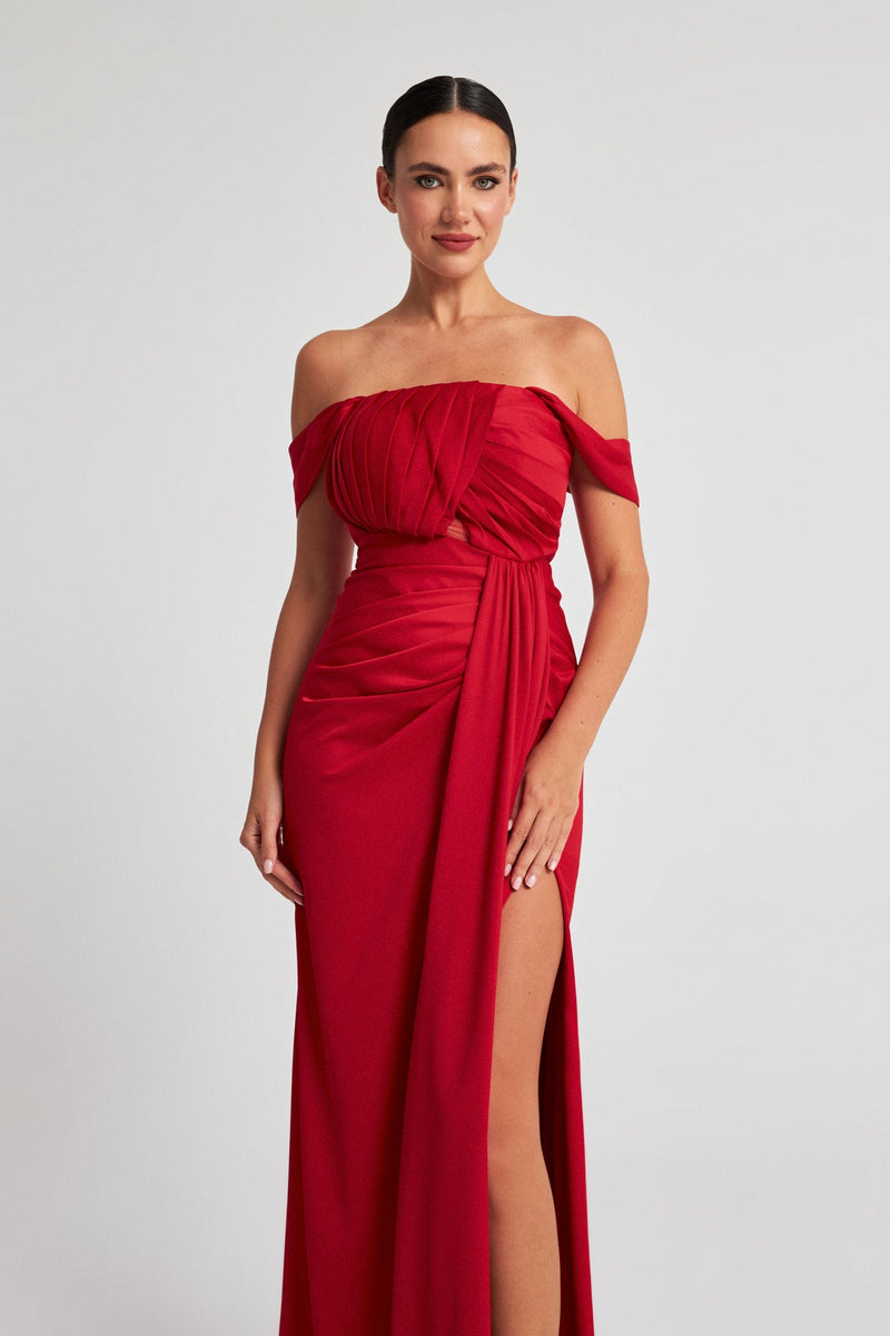 Setre Strapless Slit Detailed Evening Dress Red