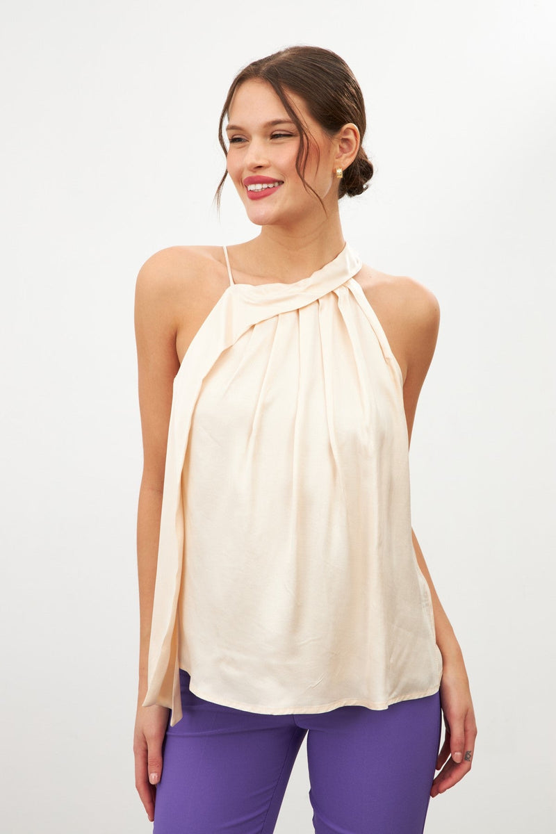 Setre Asymmetric Neck Detail String Strapped Blouse Beige