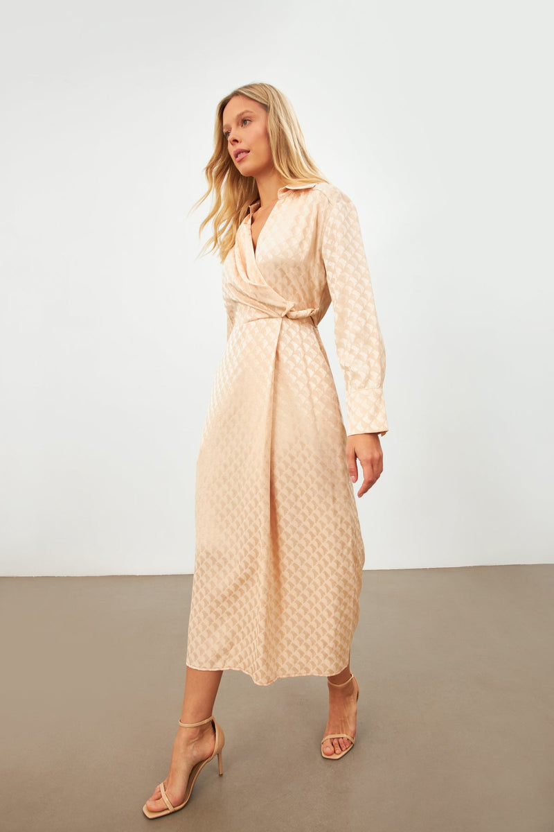 Setre Patterned Wrap Detail Midi Dress Beige