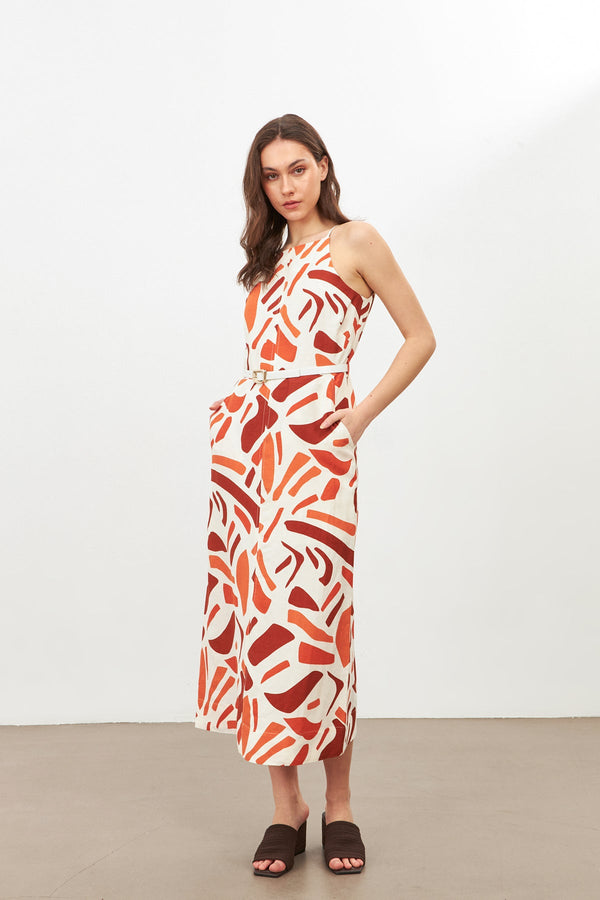 Setre Patterned Strappy Dress  Light Brick