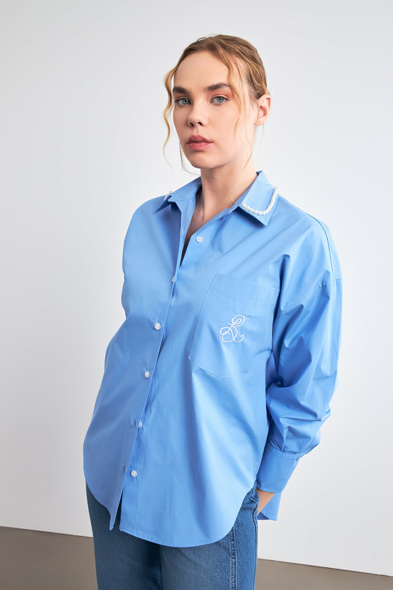 Setre Collar-Pearl Embellished Shirt Blue