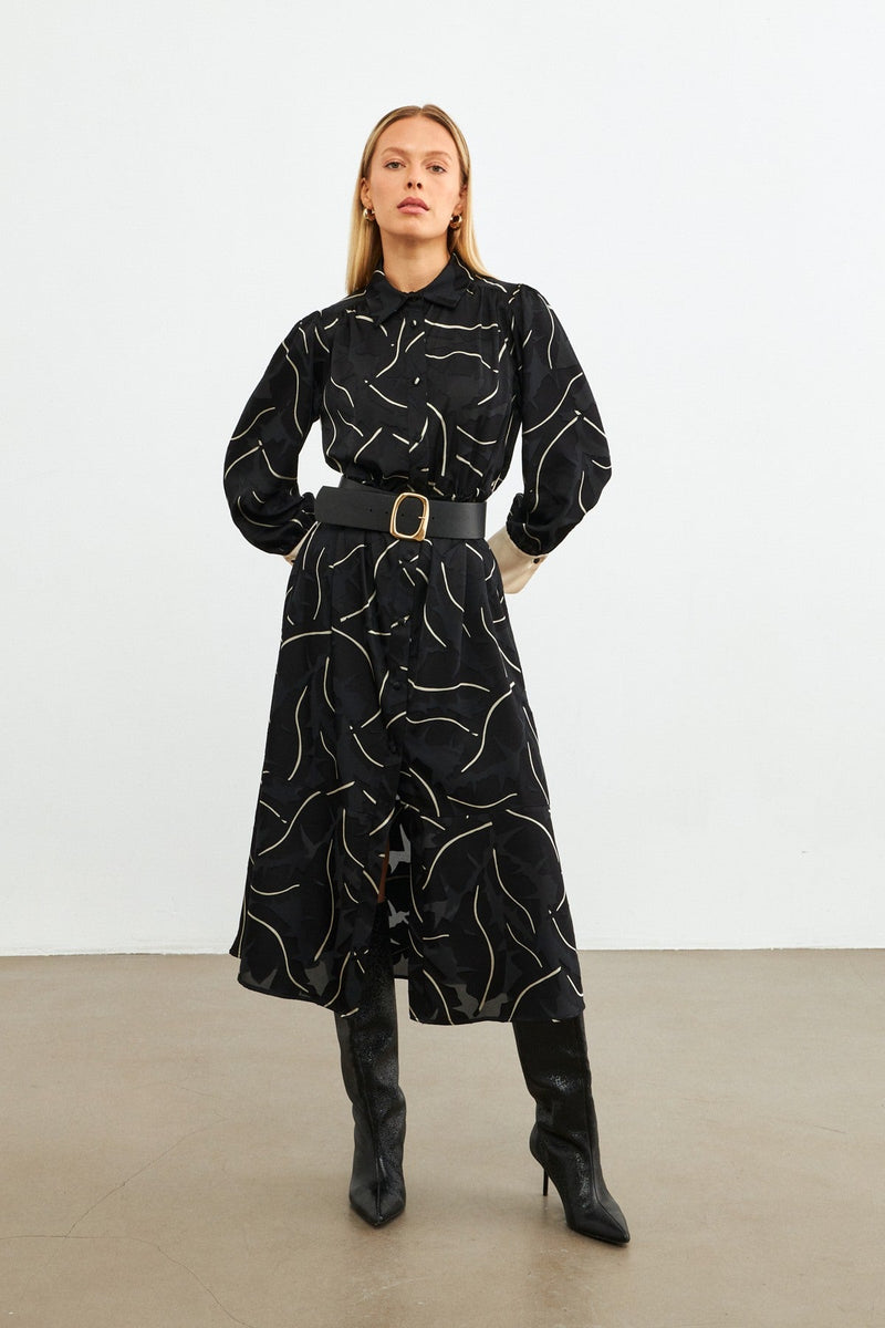 Setre Belt Detailed Patterned Shirt Dress Black