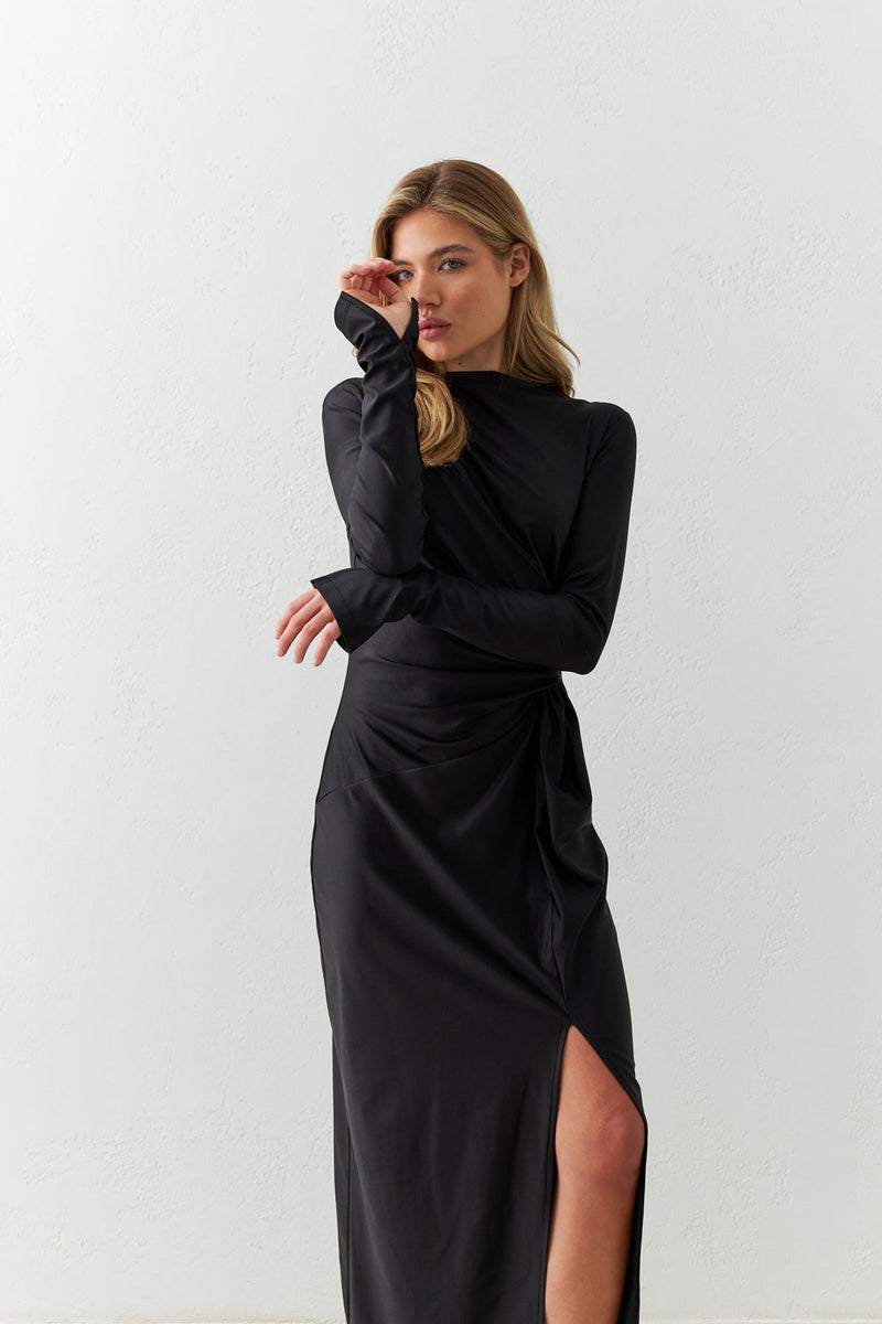 Setre Waist Detailed Long Sleeve Slit Midi Dress Black