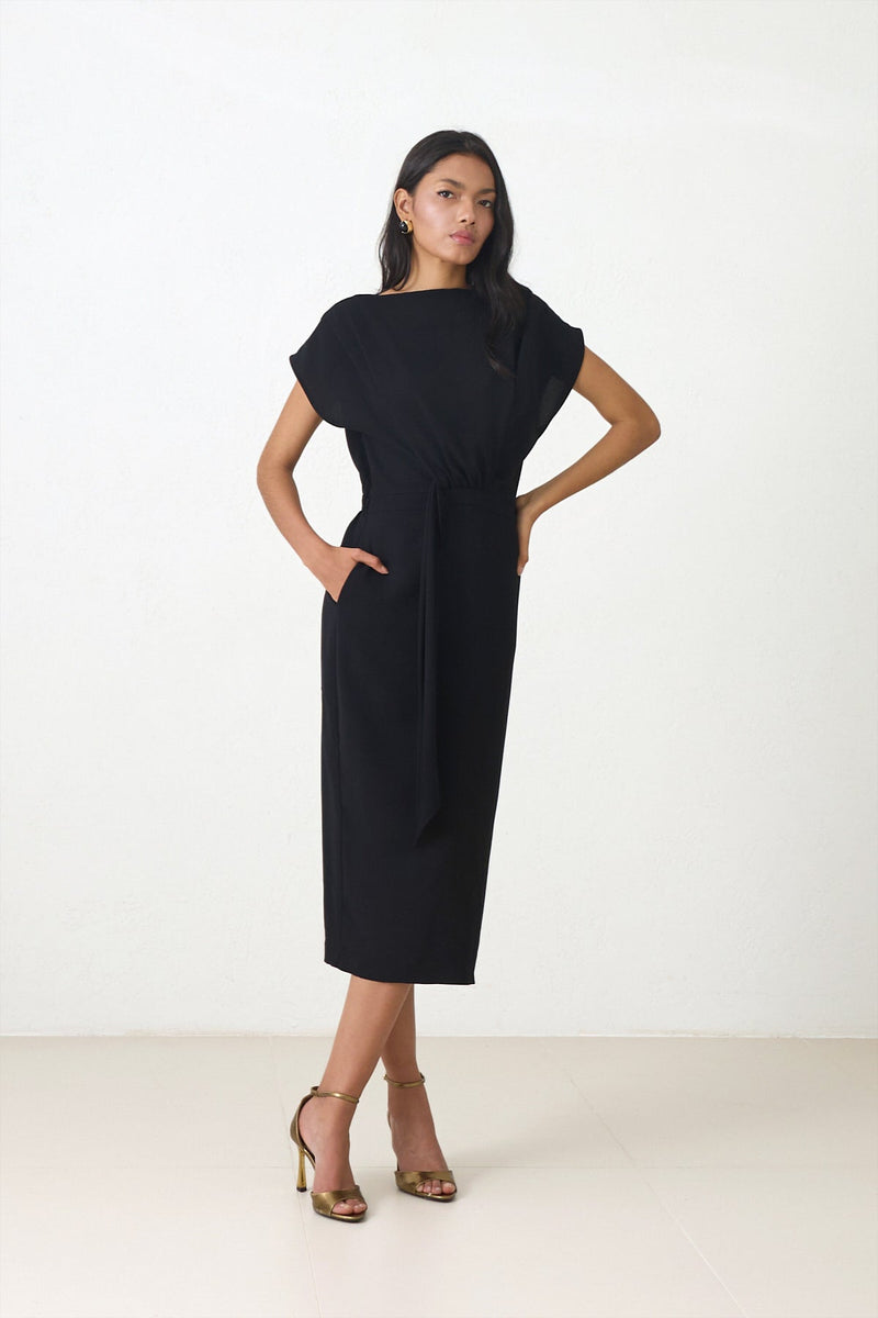 Setre Draped Detail Midi Dress Black