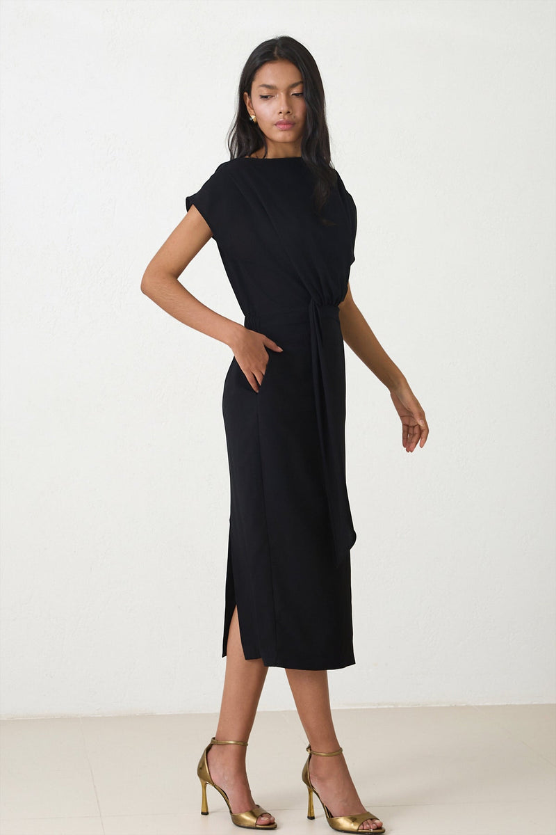 Setre Draped Detail Midi Dress Black