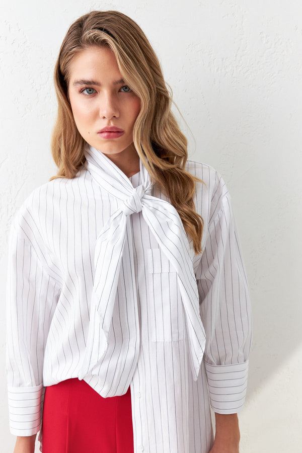 Setre Collar Detailed Striped Shirt Ecru