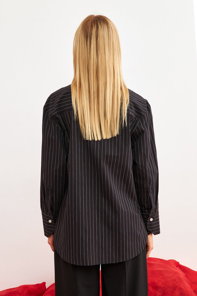 Setre Collar Detailed Striped Shirt Black