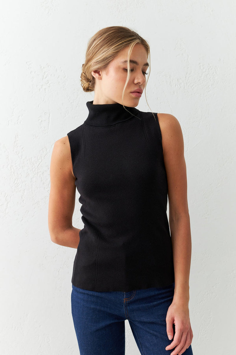 Setre Neck Basic Sleeveless Knitted Blouse Black