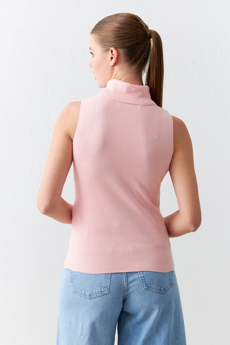 Setre Neck Basic Sleeveless Knitted Blouse Powder Pink