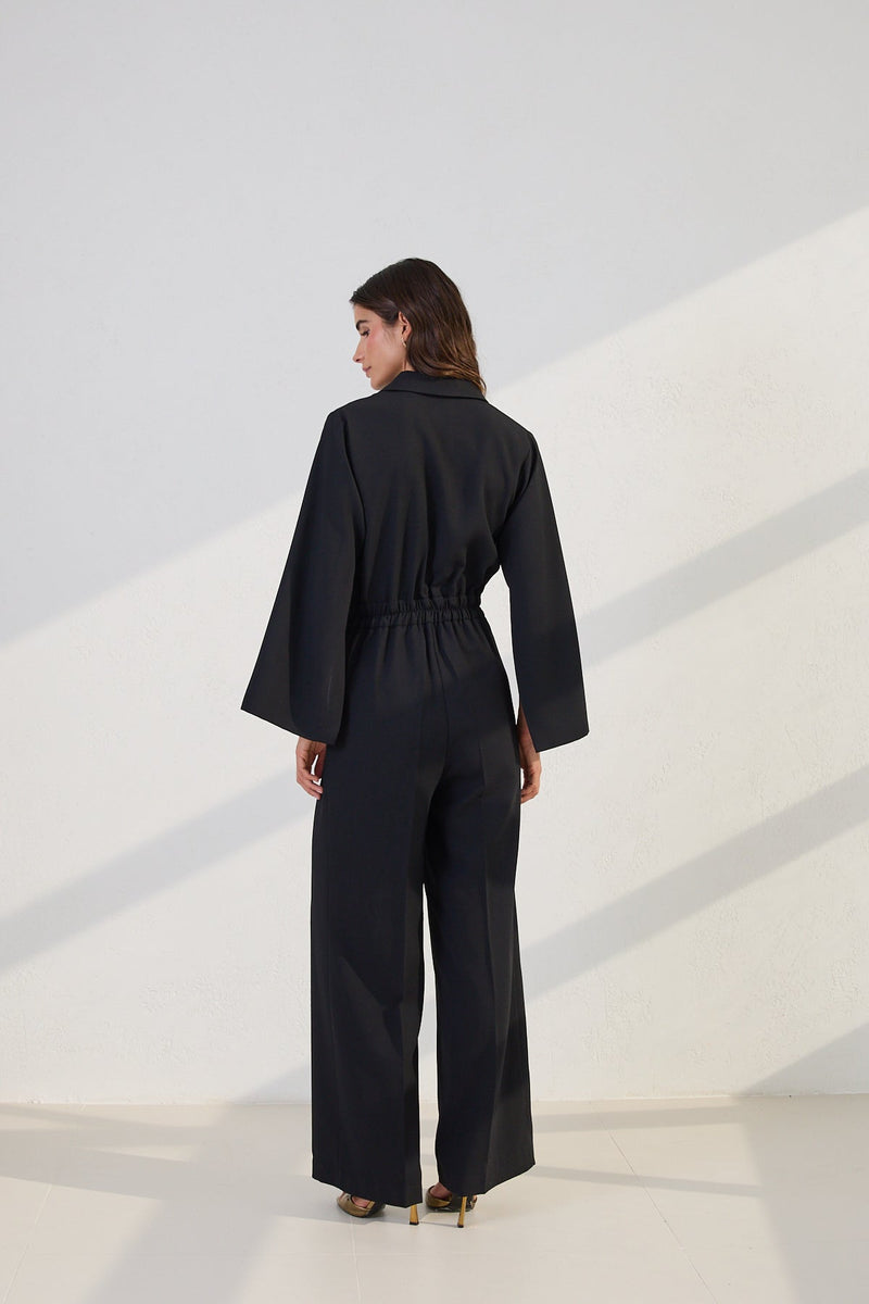 Setre Sleeve Detailed Waist Belted Jumpsuit Black