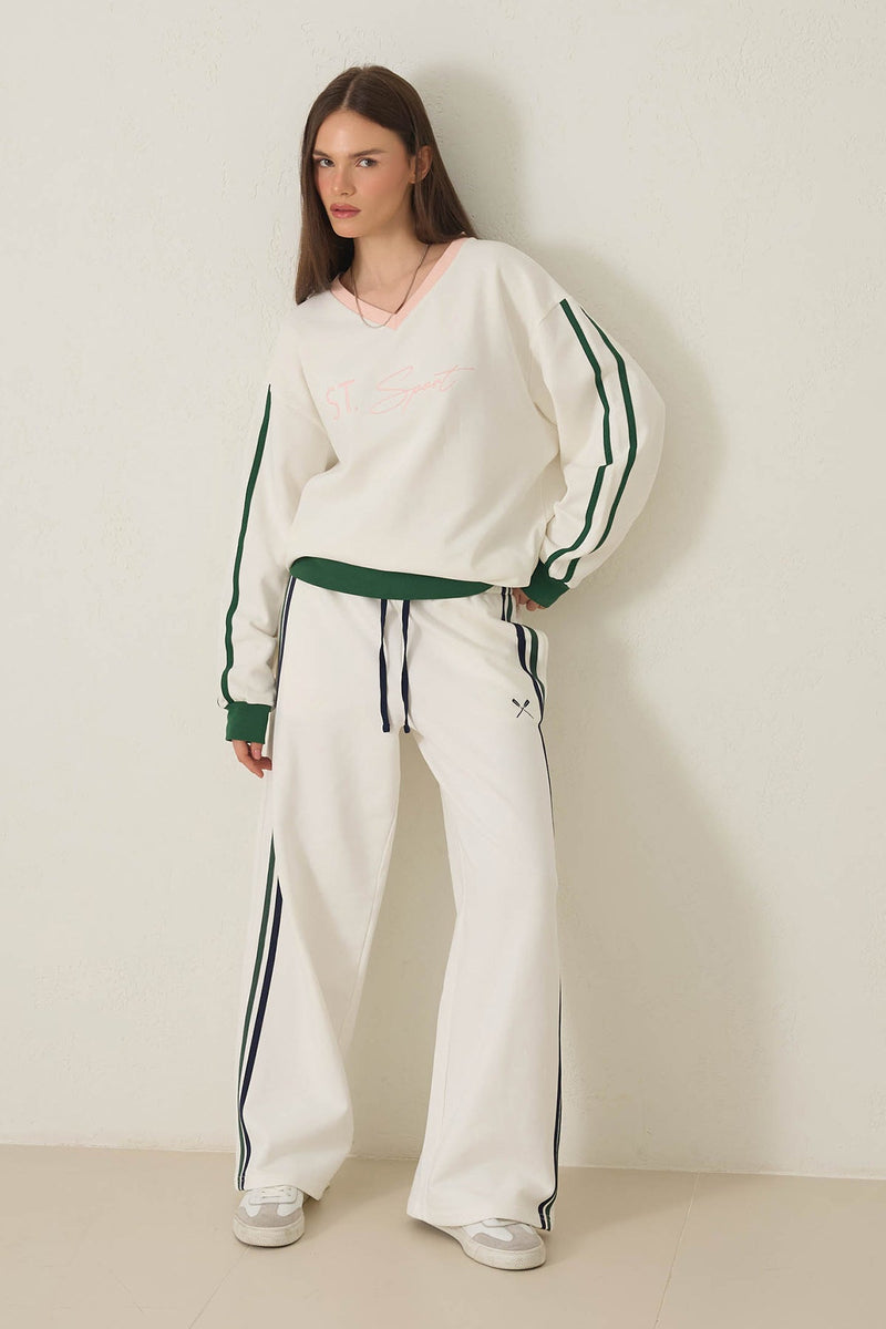 Setre Embroidered Detailed Side Striped Sweatpants Ecru