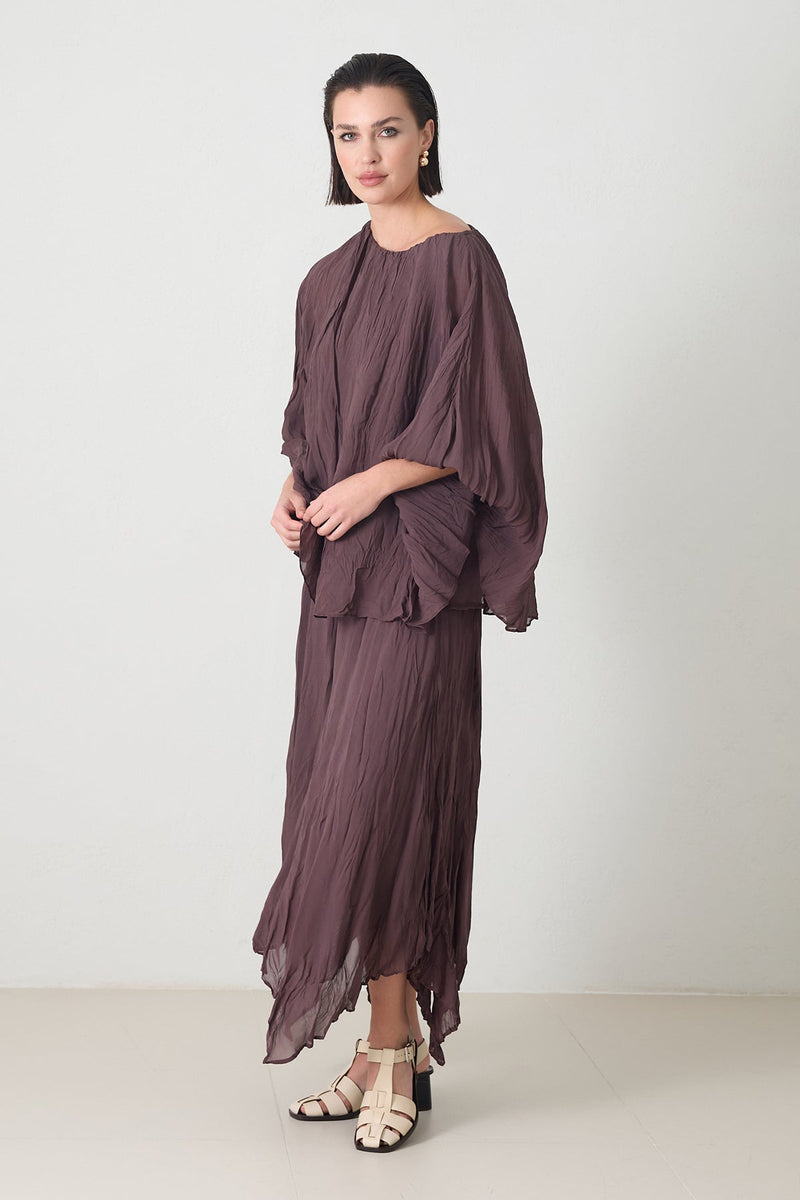 Setre Relaxed Cut Blouse Midi Length Asymmetrical Skirt Suit Brown