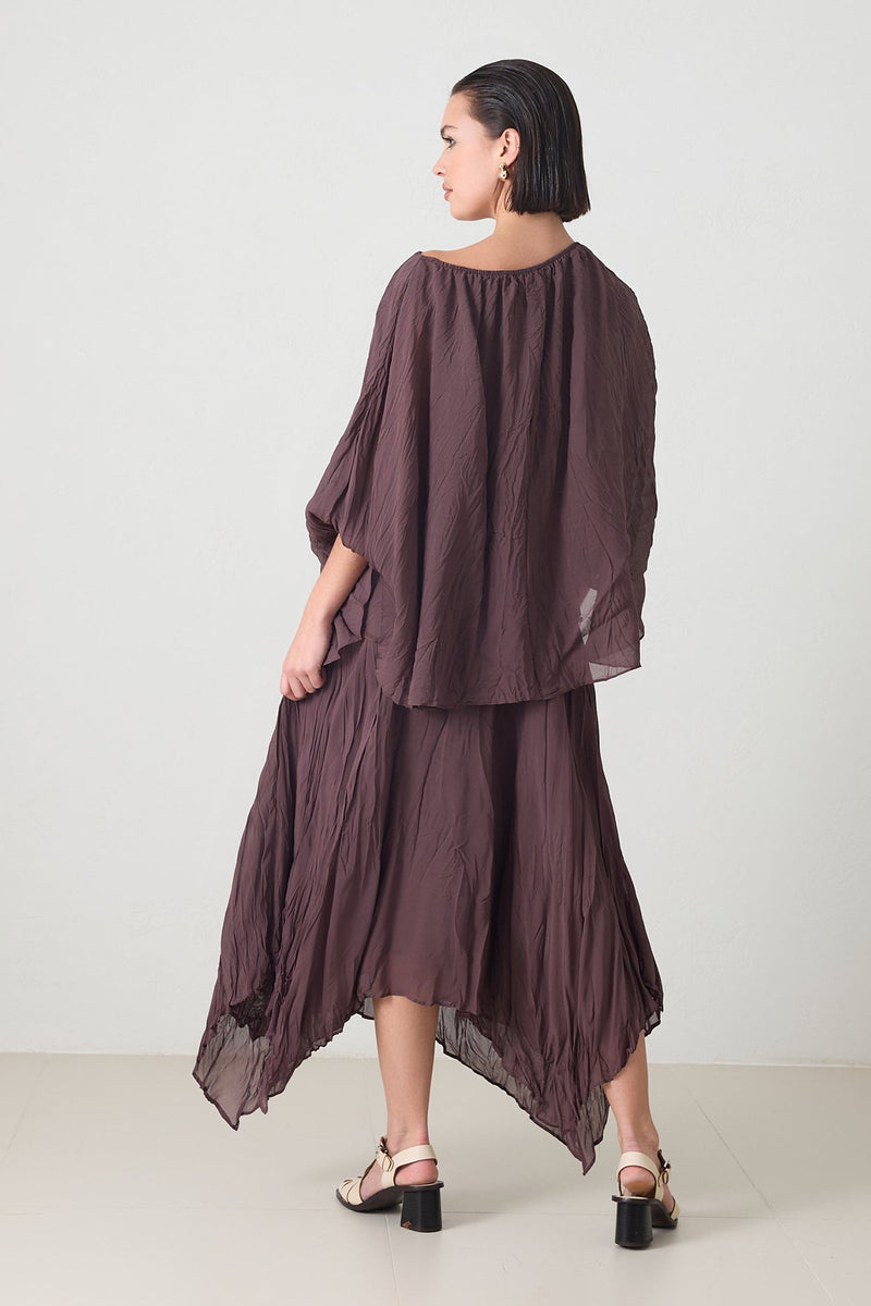 Setre Relaxed Cut Blouse Midi Length Asymmetrical Skirt Suit Brown