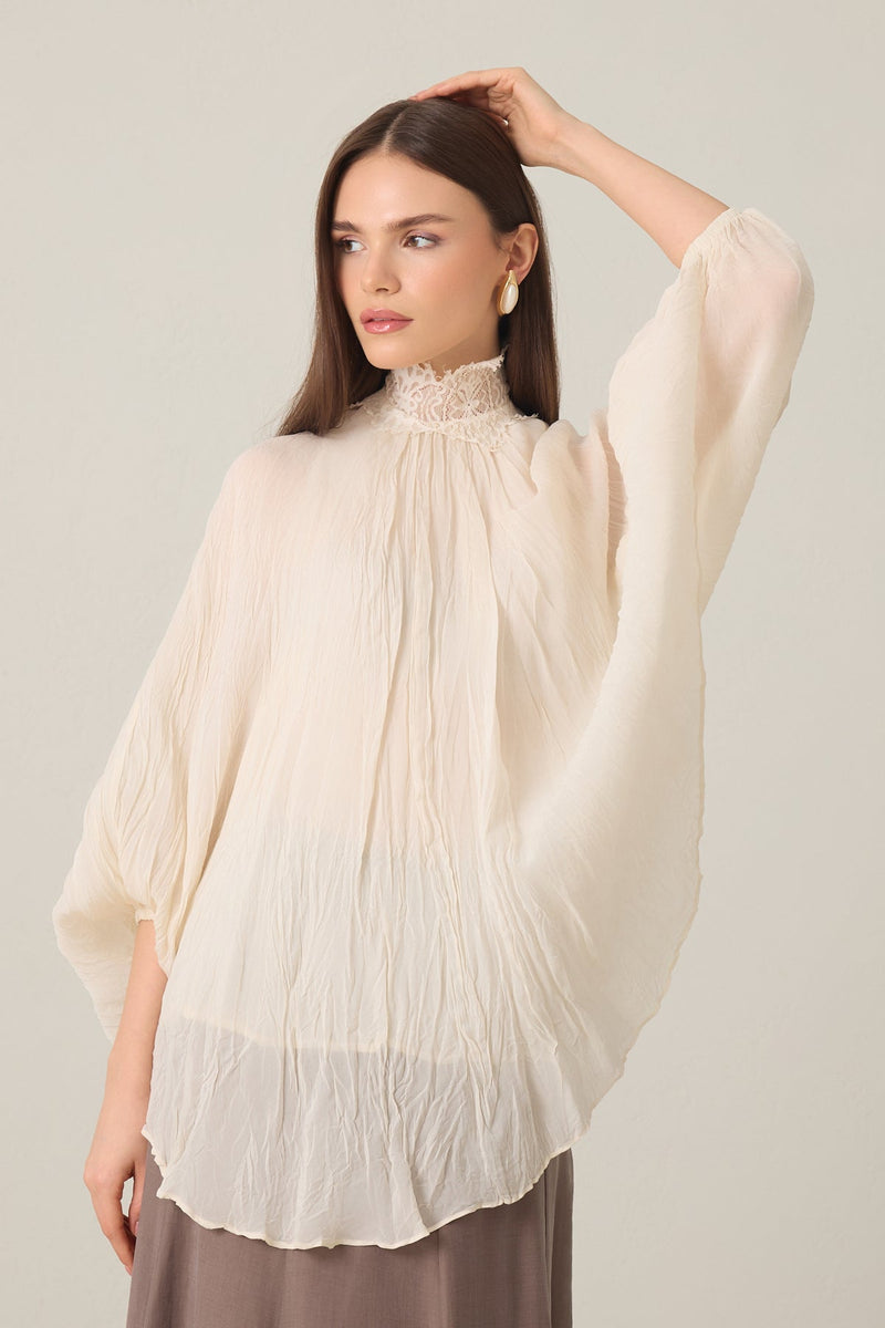 Setre Tulle Detailed Casual Cut Blouse Cream