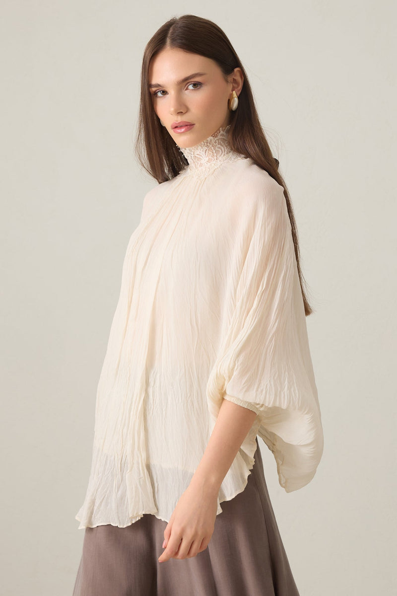 Setre Tulle Detailed Casual Cut Blouse Cream