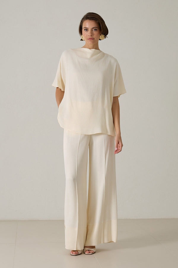 Setre Neck And Sleeve Detailed Blouse With Trousers Cream
