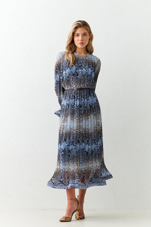 Setre Waist Belted Patterned Long Sleeve Midi Dress Blue