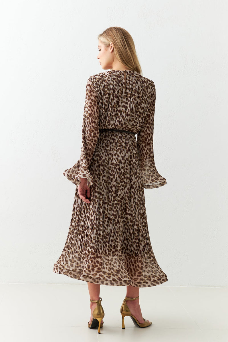 Setre Midi Patterned Dress With Pleats And Sleeve Detail Brown