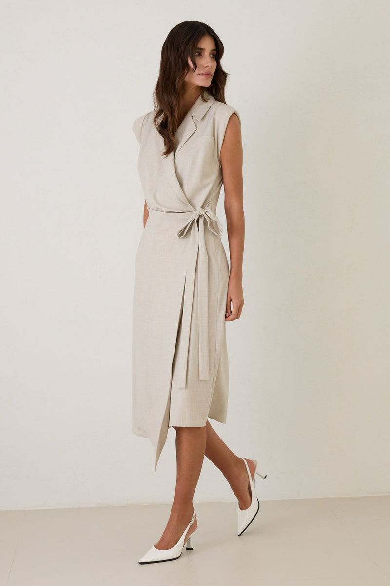 Setre Asymmetrical Neck Tie Detail Sleeveless Midi Dress Beige