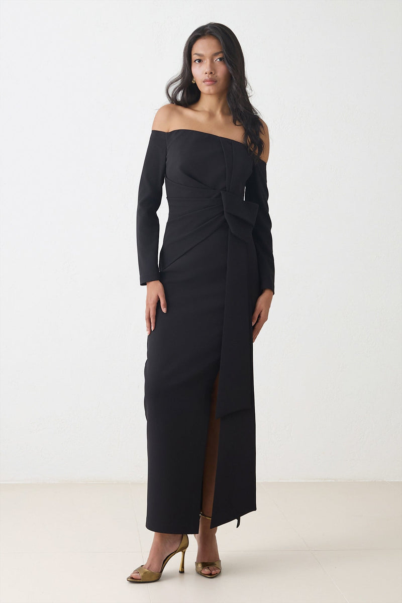 Setre Asymmetrical Neck And Waist Detailed Slit Dress Black