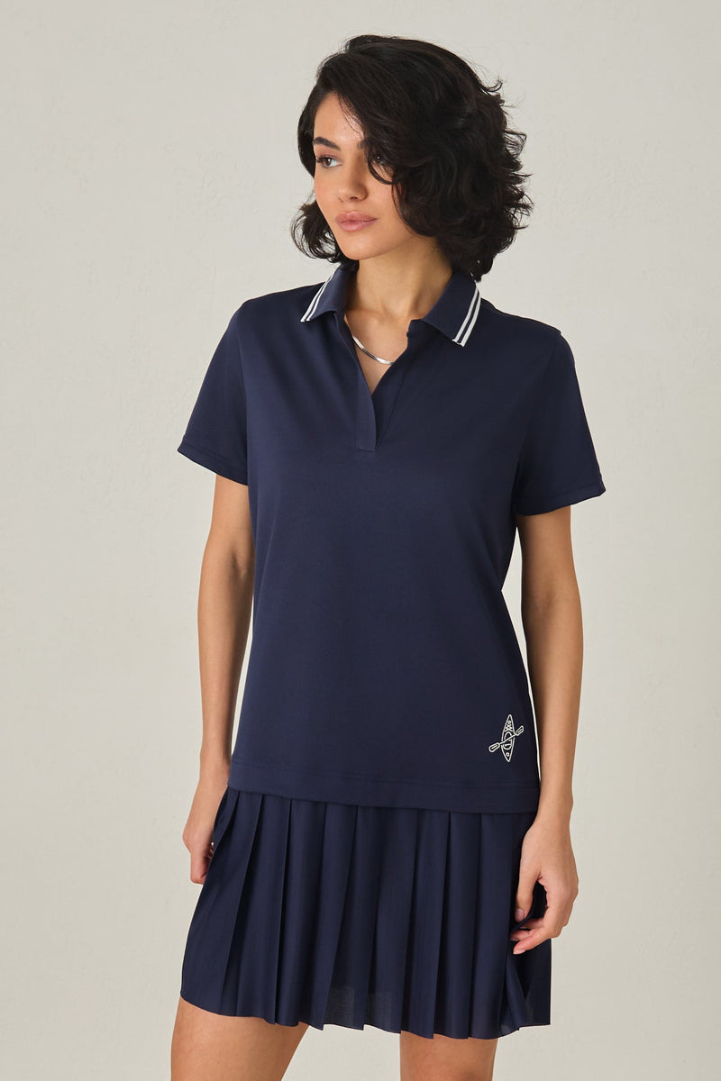 Setre Collar And Pleated Short Sleeve Dress Navy Blue