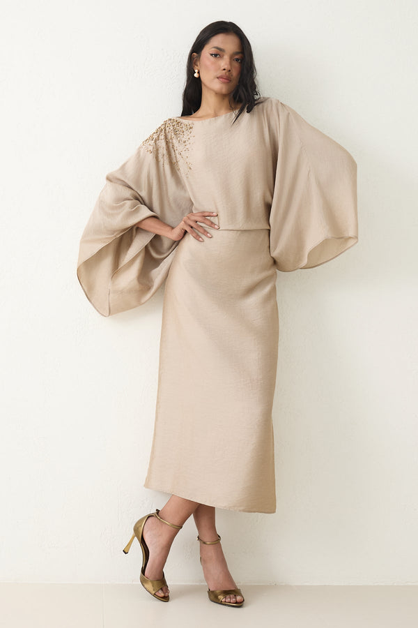 Setre Shoulder-Embellished Wide Sleeve Dress Mink