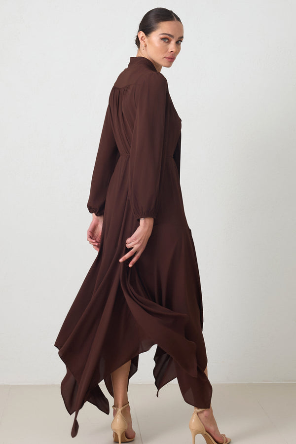 Setre Collar Detailed Asymmetrical Dress Coffee