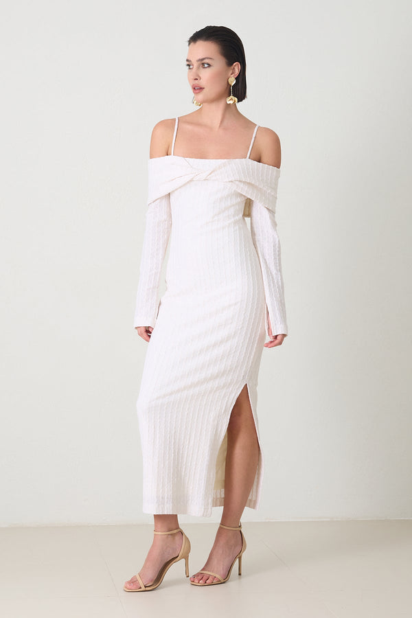 Setre Striped Detailed Off Shoulder Dress Cream