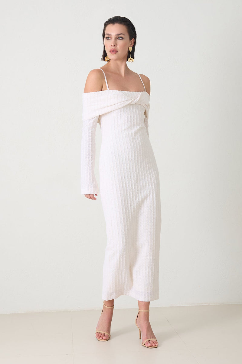 Setre Striped Detailed Off Shoulder Dress Cream