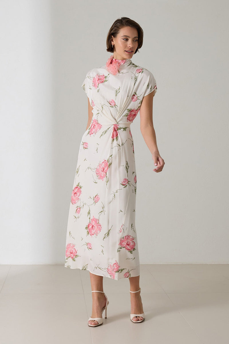 Setre Waist And Neck Detailed Patterned Dress Ecru
