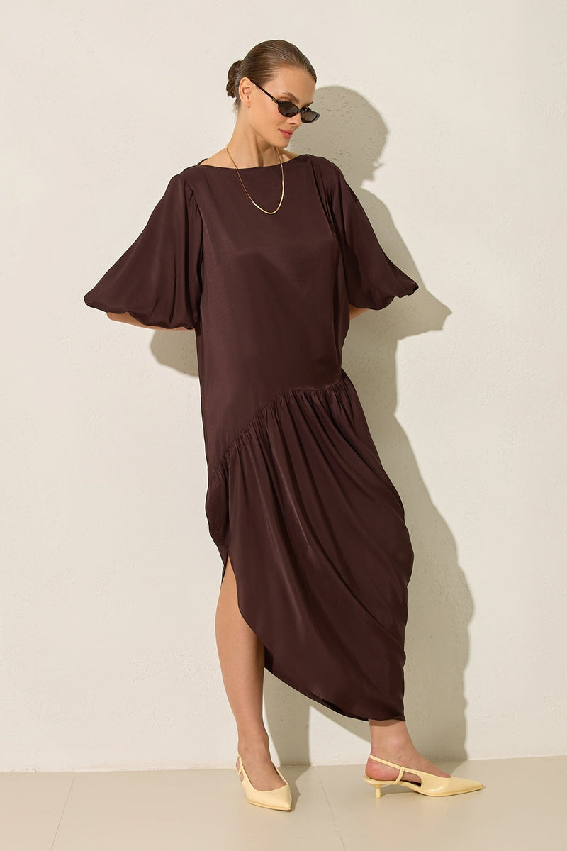 Setre Pleated Bishop Sleeves Dress Coffee Brown