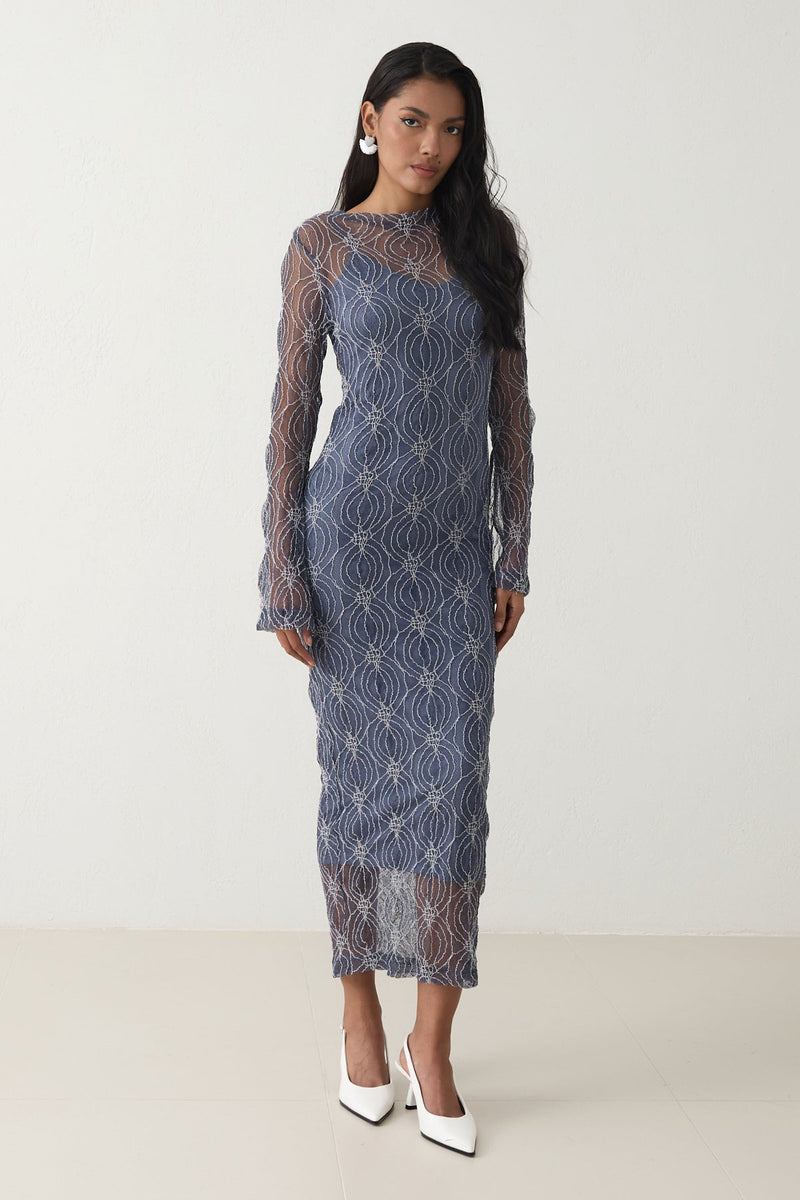 Setre Overlay Patterned Detailed Lace Dress Indigo