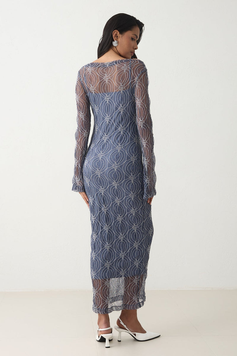 Setre Overlay Patterned Detailed Lace Dress Indigo