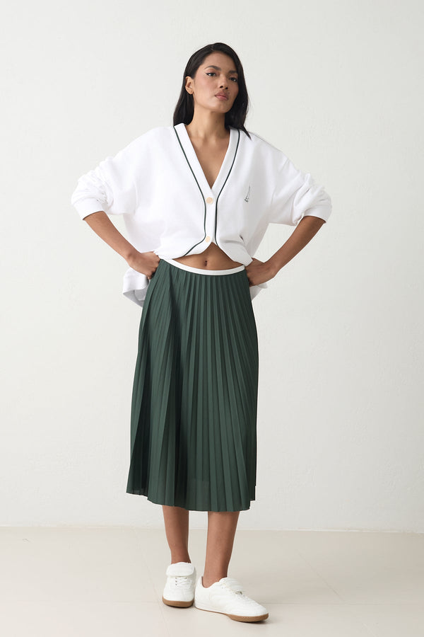 Setre Contrast Waist Pleated Skirt Green