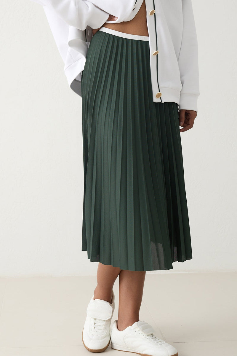 Setre Contrast Waist Pleated Skirt Green