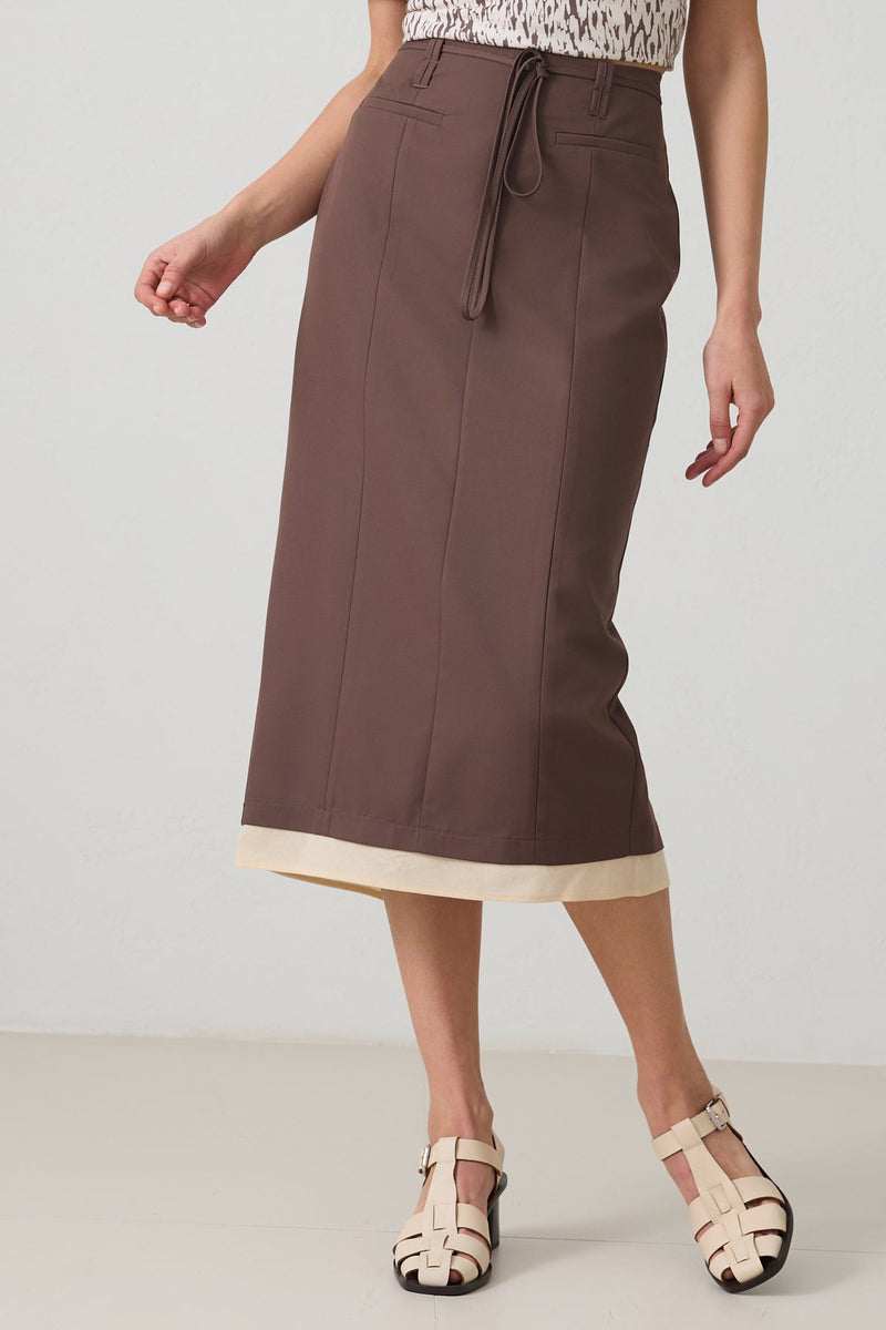 Setre Rope Belt And Pocket Detailed Midi Skirt Coffee Brown