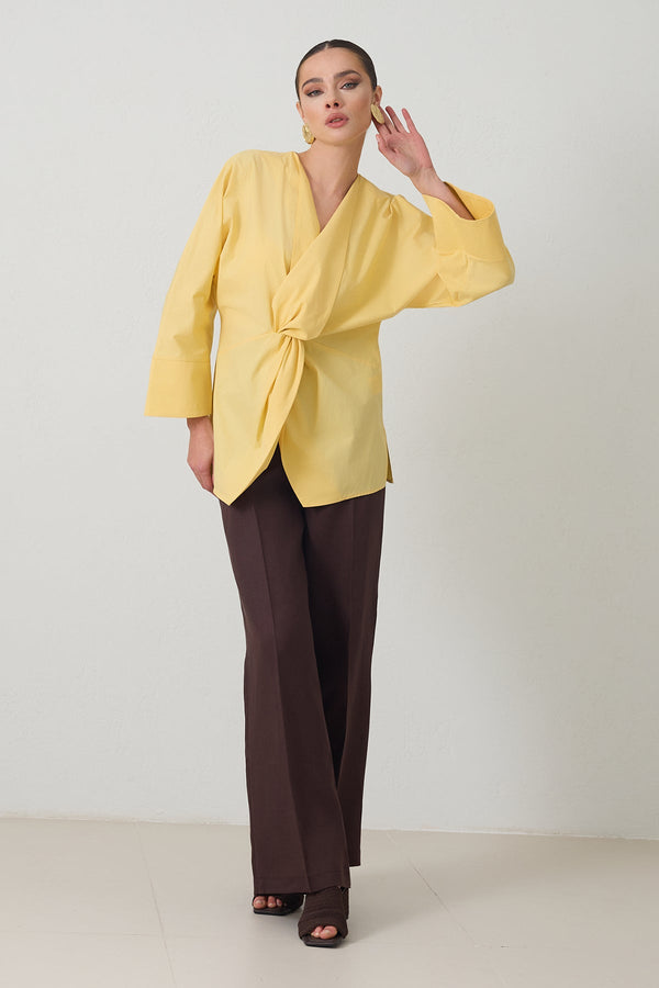 Setre V Neck Gathered Detail Cotton Shirt Light Yellow